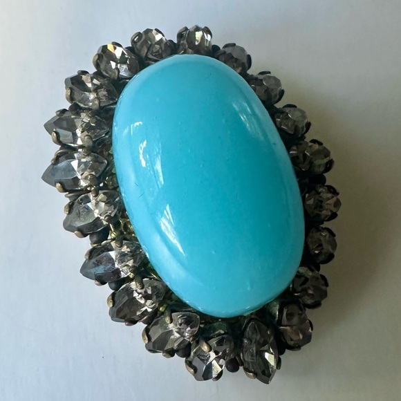 Vintage 1960s French Couture Turquoise Glass Bead Rhinestone Filigree Brooch